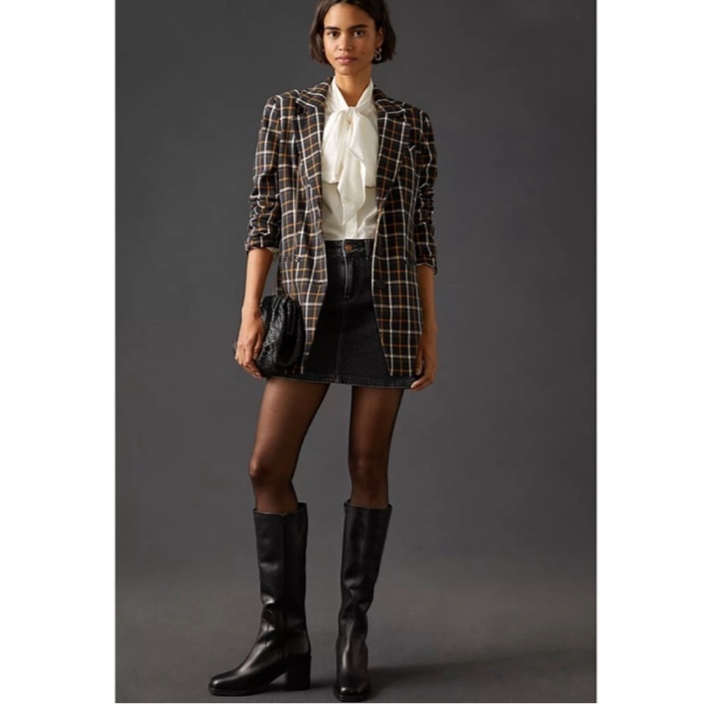 Maeve Anthropologie Plaid Equestrian Blazer Black Yellow Oversized Size 2